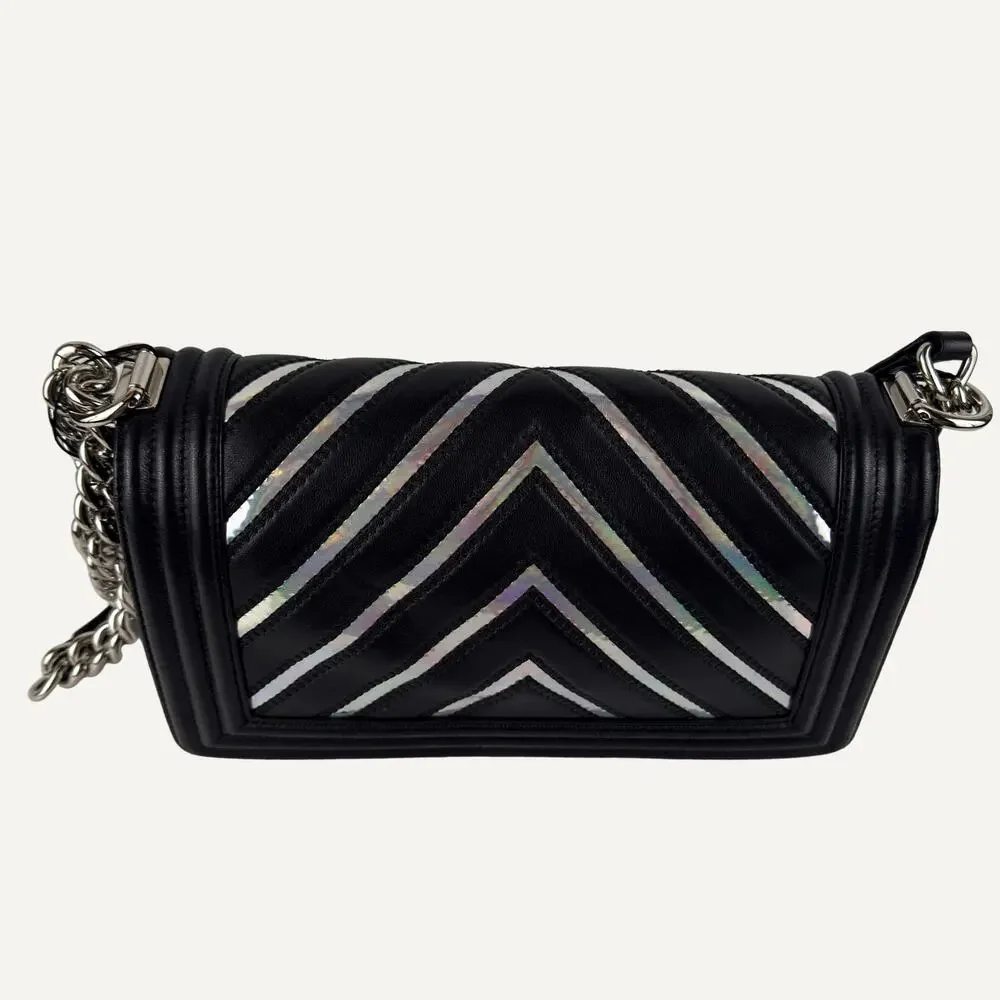 Chanel Boy Bag Medium Black Lambskin Iridescent Chevron Silver CC 17S  Women's